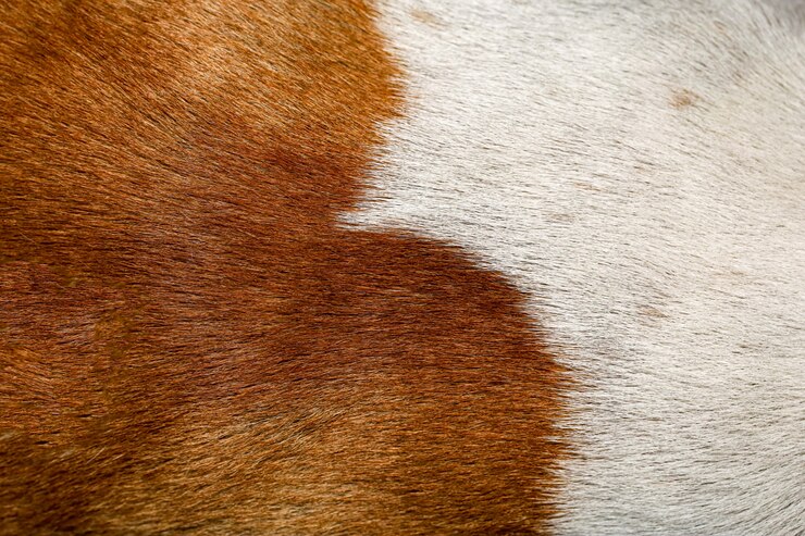 Ciérrese encima de fondo marrón y blanco de la textura de la piel del perro