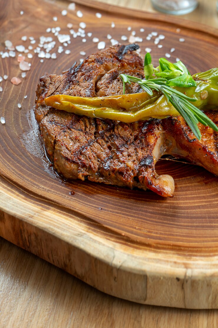 Foto ciérrese encima de la opinión sobre el filete asado a la parrilla sabroso en el tablero de madera. composición con carne cocida, hierbas y verduras. pared de fotos de alimentos. enfoque selectivo