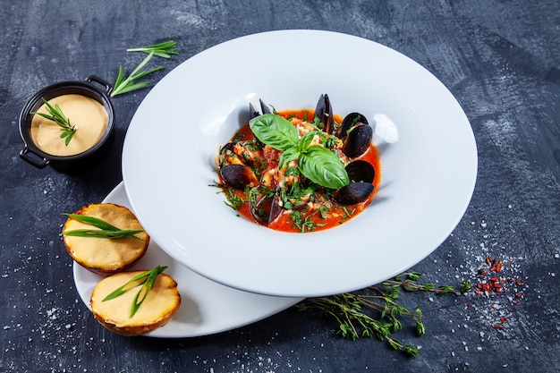 Ciérrese encima de la opinión sobre la sopa sabrosa de los mariscos en el cuenco blanco del restaurante. bullabesa con mejillones, salmón y albahaca con una merienda de papas con salsa de queso. Fondo oscuro Foto de comida para menú o receta