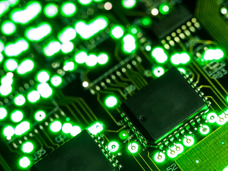 Foto ciérrese encima de la placa de circuito verde. tecnología electrónica de hardware informático.