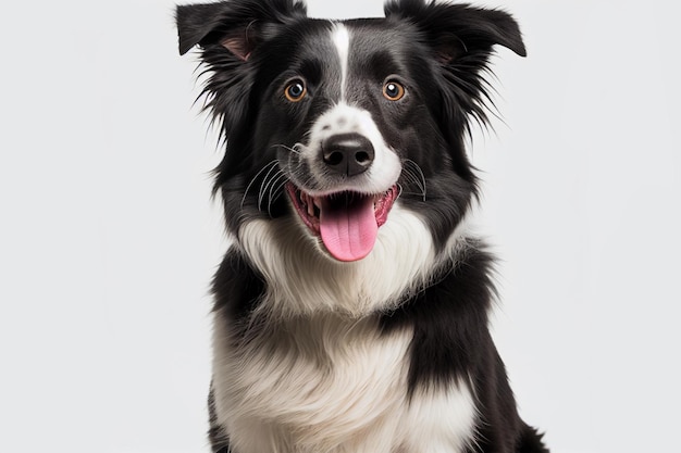 Ciérrese encima del retrato lindo perro gris divertido que sonríe en el fondo blanco aislado. Una hermosa foto de perro