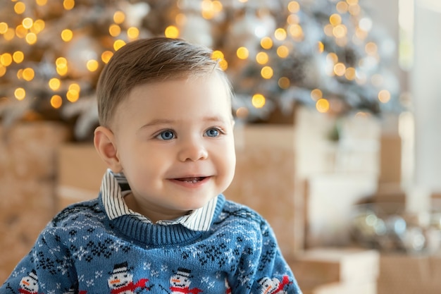 Ciérrese encima del retrato del niño lindo del niño en el fondo de las luces de Navidad. Retrato de niño feliz con suéter de Navidad en habitación decorada. Vispera de Año Nuevo.