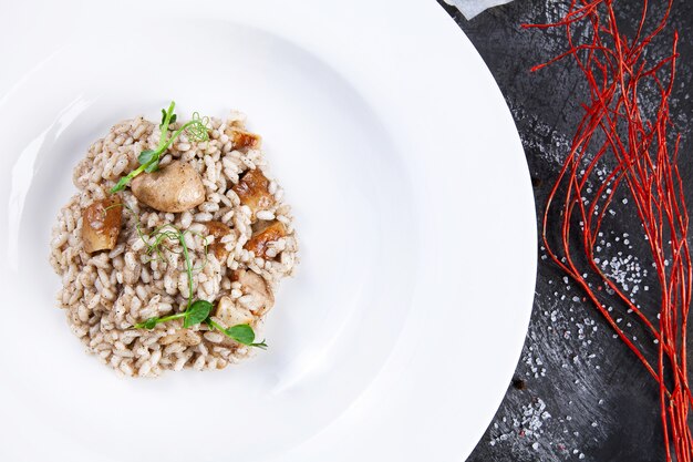 Ciérrese encima del risotto con las setas y la pasta de la trufa en el tazón de fuente blanco. Cocina italiana casera. Comida sana con espacio de copia. Fondo de foto de comida para el menú.