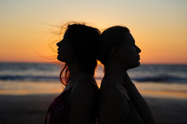 Ciérrese encima de la silueta de la pareja de mujeres en la escena romántica de la puesta del sol sobre el mar. Hermosa mujer joven pareja de lesbianas en el amor.