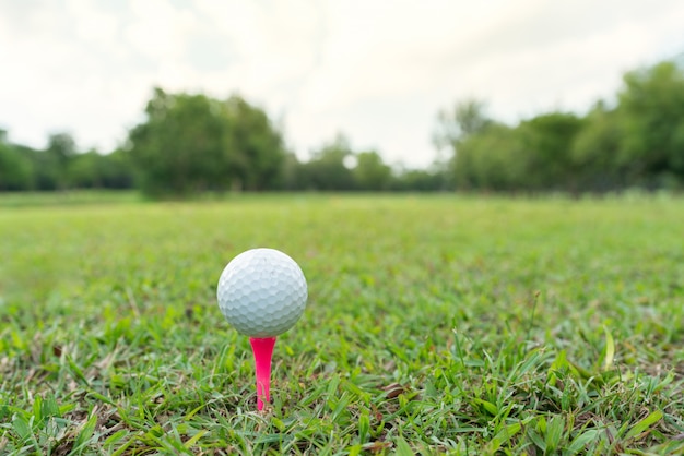 Ciérrese encima del tiro de la pelota de golf en camiseta rosada en campo de golf.