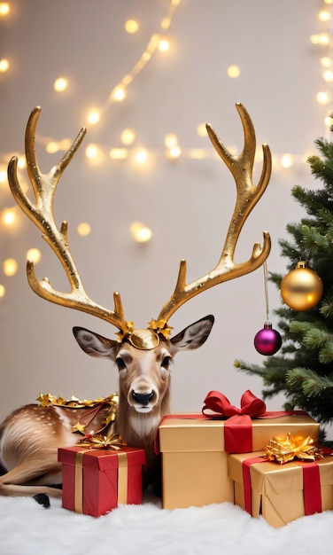 Un ciervo con un árbol de Navidad y regalos