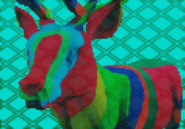 Ciervo en arte huichol verde rojo y azul representación 3D
