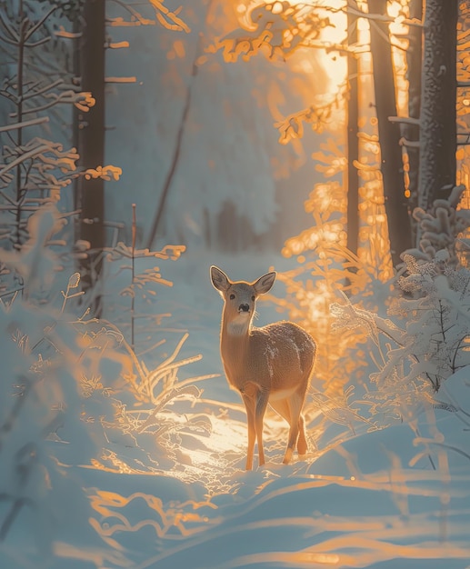 Foto ciervo en el bosque brumoso al atardecer en la ilustración de la temporada de invierno