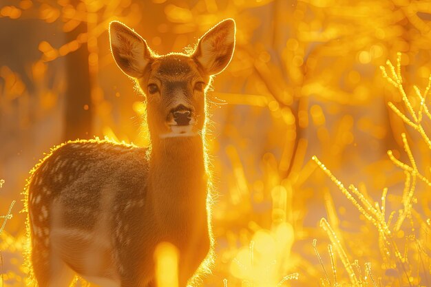 Foto ciervo en el bosque brumoso y brumoso en la ilustración del atardecer