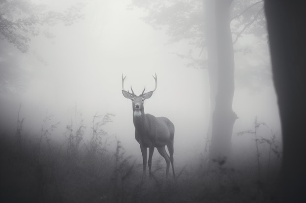 un ciervo en un bosque brumoso