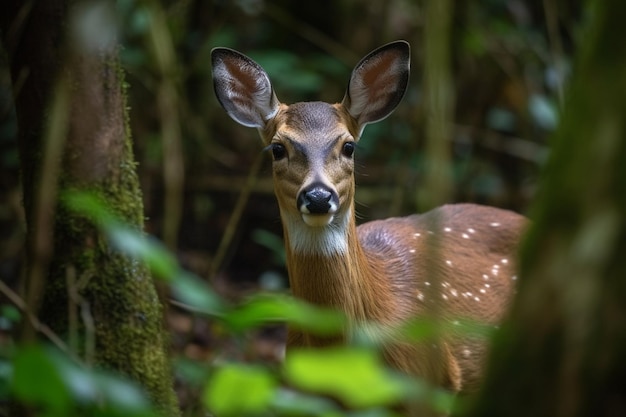 Un ciervo en el bosque está mirando a la cámara.