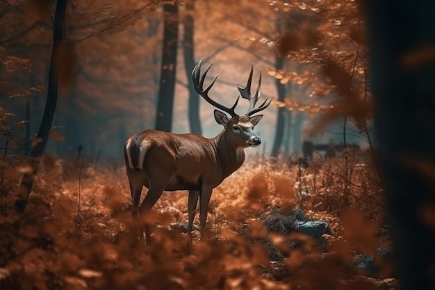 Un ciervo en un bosque con un fondo dorado.