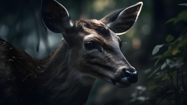 Un ciervo en el bosque con un fondo oscuro.