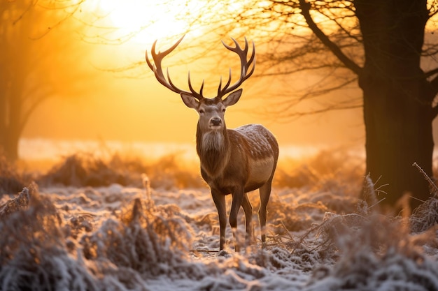 Ciervo en el bosque de invierno al amanecer Ciervo Cervus elaphus Un ciervo en la temporada de cría al amanecer en invierno AI Generado