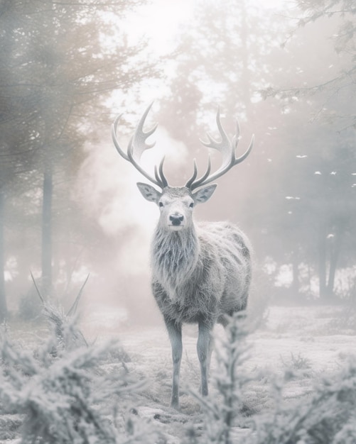 Un ciervo en el bosque en invierno con nieve.