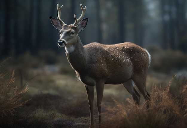 Un ciervo se para en un bosque con la palabra ciervo a la izquierda.