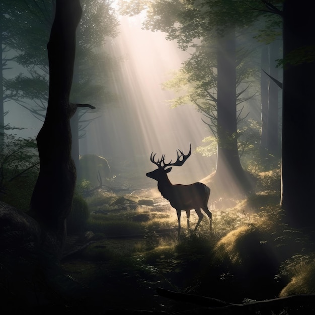 Un ciervo en un bosque con el sol brillando a través de los árboles.