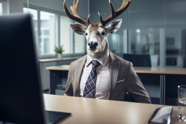 un ciervo con una camisa blanca y una corbata se sienta en el escritorio de la oficina un ciervo en la oficina con una corbata