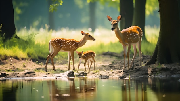 El ciervo de cola blanca Odocoileus virginianus con sus crías junto al río en el bosque