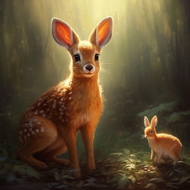 Un ciervo y un conejito están en el bosque.