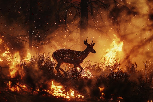 Un ciervo corre a través de un denso bosque envuelto en llamas y humo