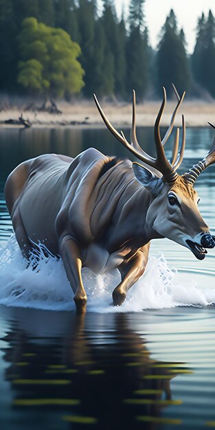 Foto un ciervo corriendo por el agua generado