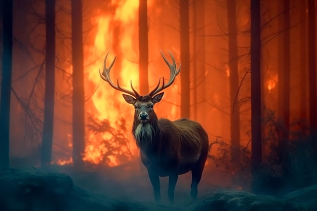 Ciervo corriendo desde el bosque en llamas Los incendios forestales son un problema del cambio climático y el calentamiento global ai generativo