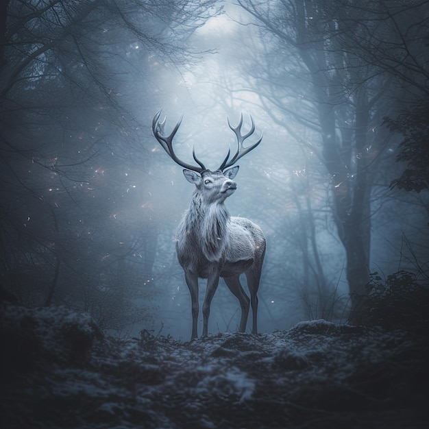 Un ciervo con cuernos en un bosque.