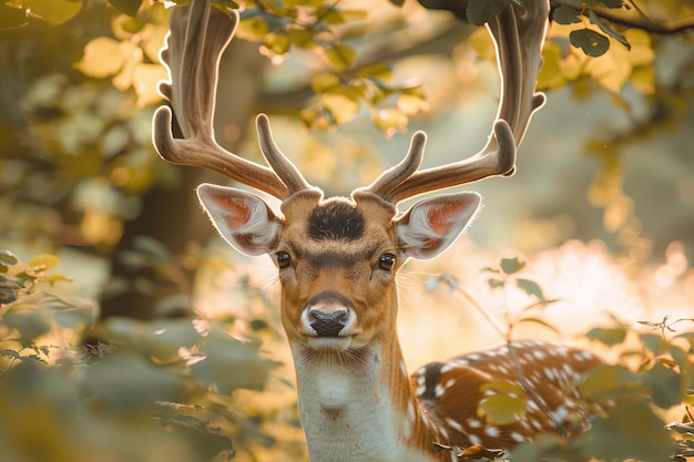 Un ciervo con cuernos está de pie en un bosque