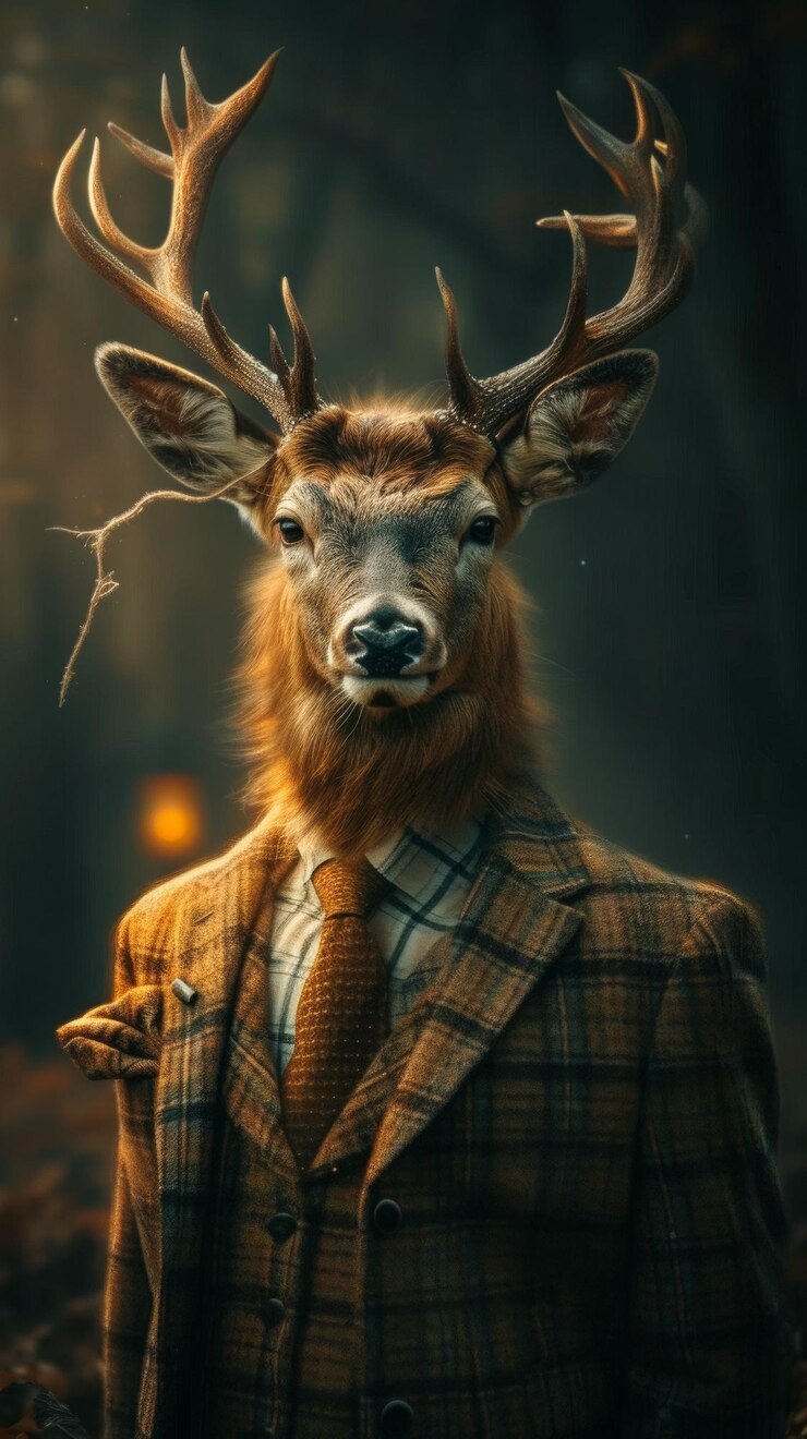 Ciervo Dapper en un traje de tweed con accesorios de bolsillo cuadrado