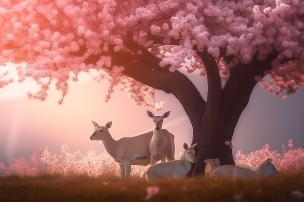 Un ciervo debajo de un árbol con flores rosas.