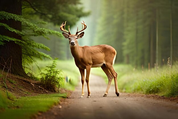 Un ciervo se encuentra en un camino de tierra en el bosque.