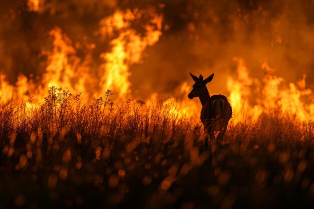 un ciervo está en un campo de hierba y las llamas del fuego