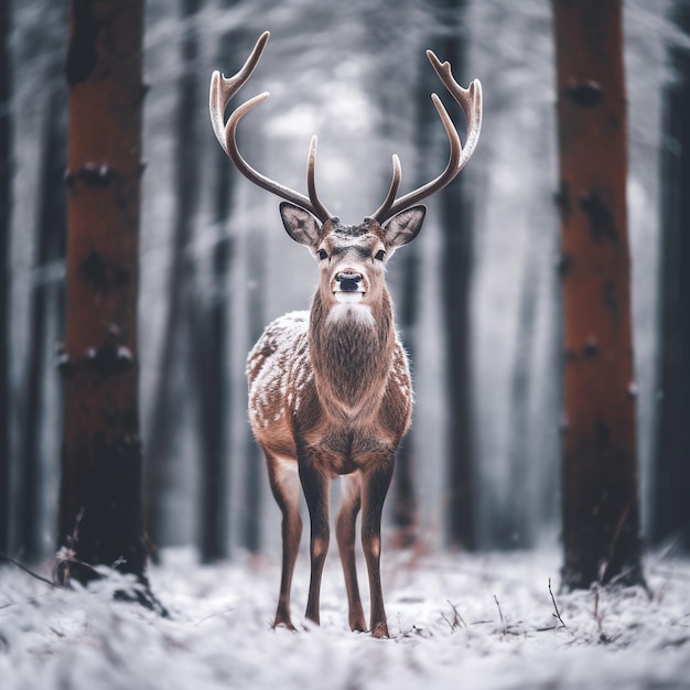 un ciervo está de pie en el bosque con la nieve en el suelo.