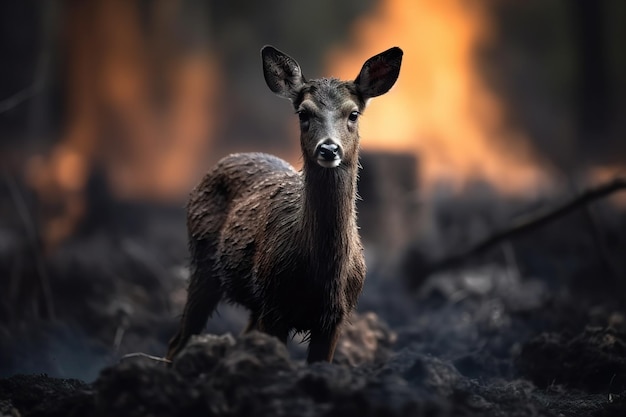 El ciervo está de pie en la tierra negra quemada en un bosque devastado por el fuego.