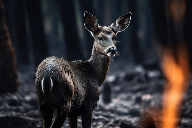 El ciervo está de pie en la tierra negra quemada en un bosque devastado por el fuego.