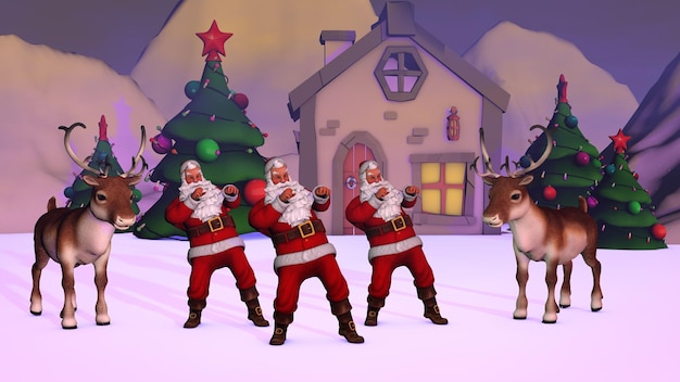 Ciervo de la Feliz Navidad y representación 3D de las cláusulas de Papá Noel