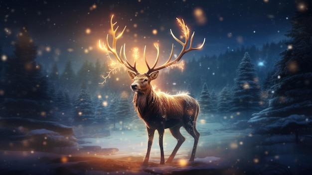 Un ciervo festivo brilla con luces en un paraíso invernal IA generativa