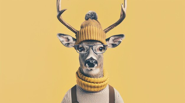 Un ciervo con un gorro amarillo y gafas está mirando a la cámara El ciervo lleva un suéter blanco y una bufanda marrón