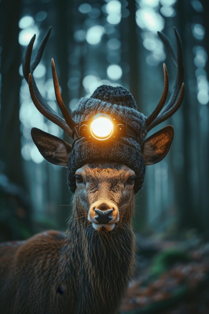Un ciervo con una linterna en la cabeza se encuentra en un bosque oscuro