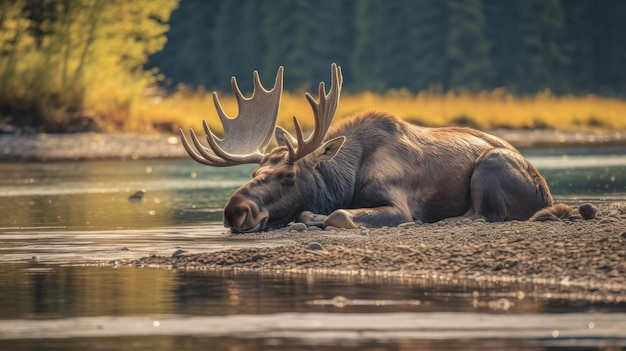 Foto un ciervo macho adulto está durmiendo en la orilla del río