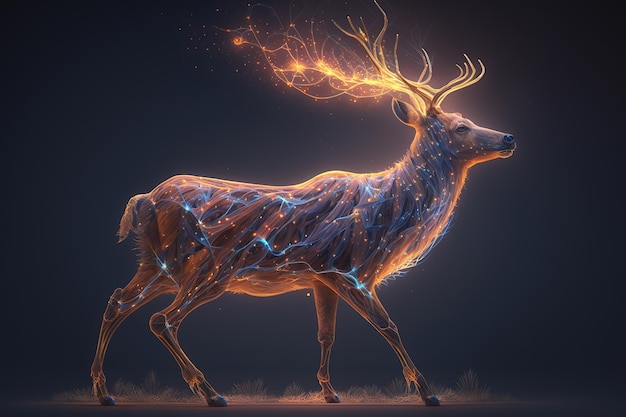 Un ciervo de la mitología que brilla intensamente cierra la foto en el bosque oscuro
