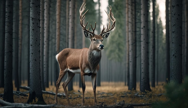 Ciervo o macho de cola blanca de pie en el bosque de Rusia