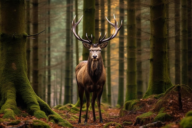 un ciervo orgulloso con cuernos majestuosos en un bosque generado por IA