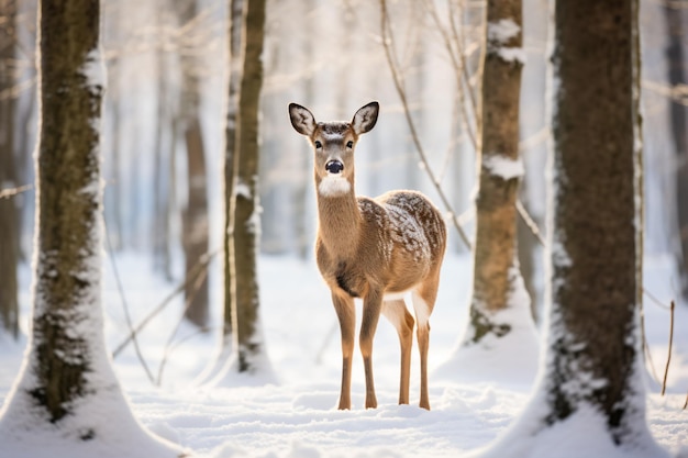 un ciervo parado en la nieve en un bosque