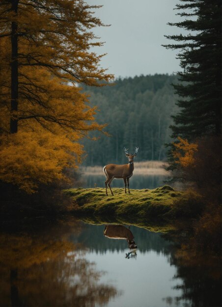 Foto un ciervo está de pie en un banco de hierba en el otoño
