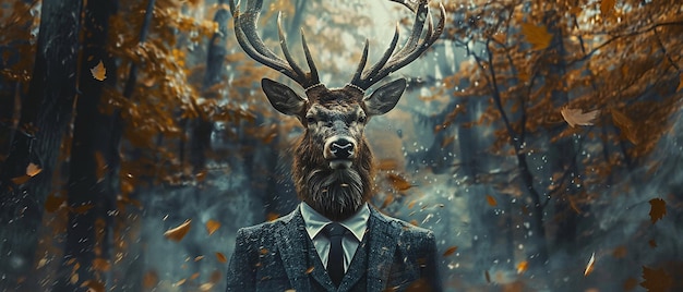 Un ciervo real en un traje de negocios de pie en medio de un bosque místico