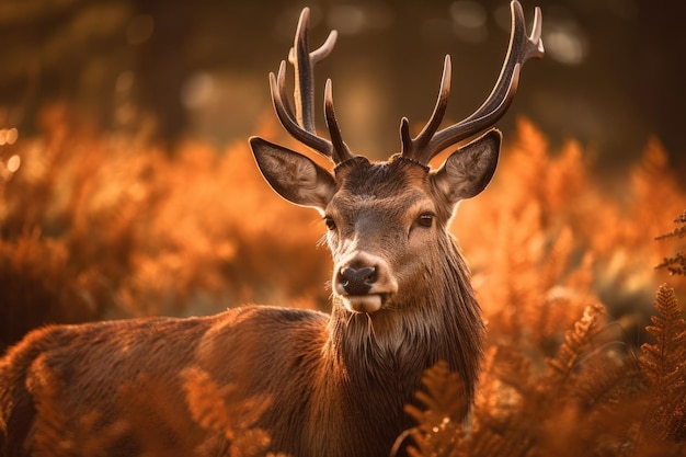 Un ciervo rojo Cervus elaphus de cerca y personal al amanecer en el REINO UNIDO