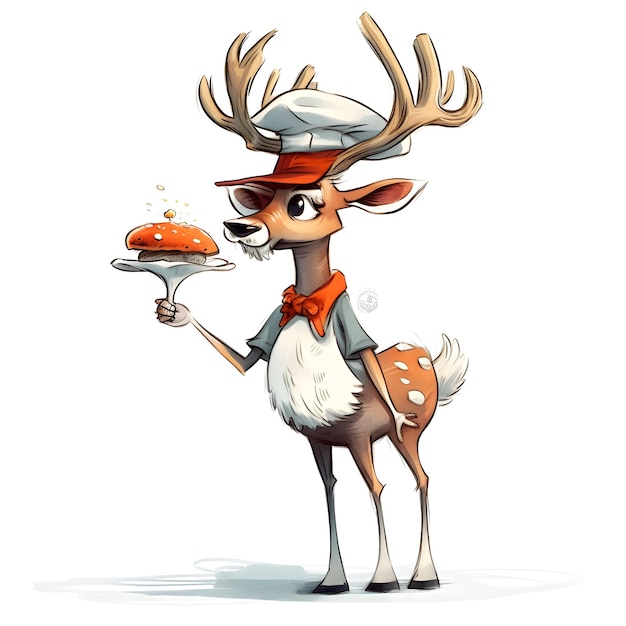 Un ciervo con sombrero y un plato de comida encima.