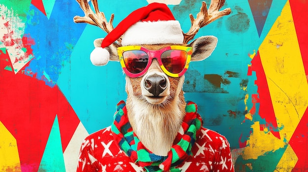 un ciervo con un sombrero de Santa y gafas con un sombreiro de Santa
